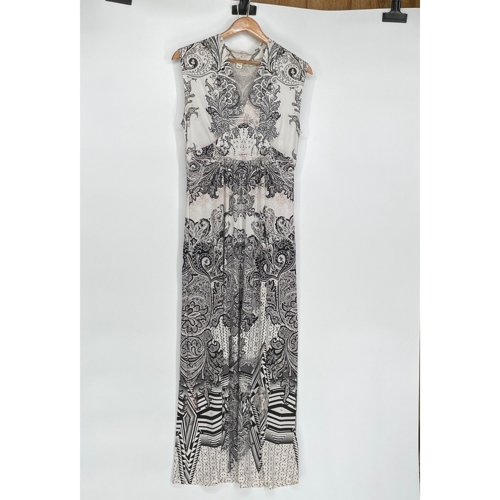 World Unity Women Dress‎ S Maxi Black White Paisley Rhinestone Bodice Romantic